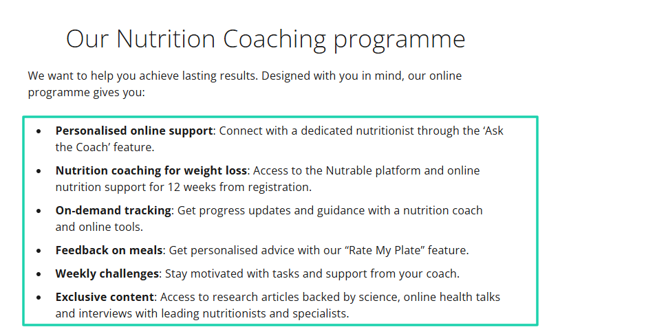 offres du programme de coaching nutritionnel