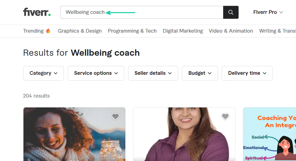 barre et résultats de recherche sur fiverr