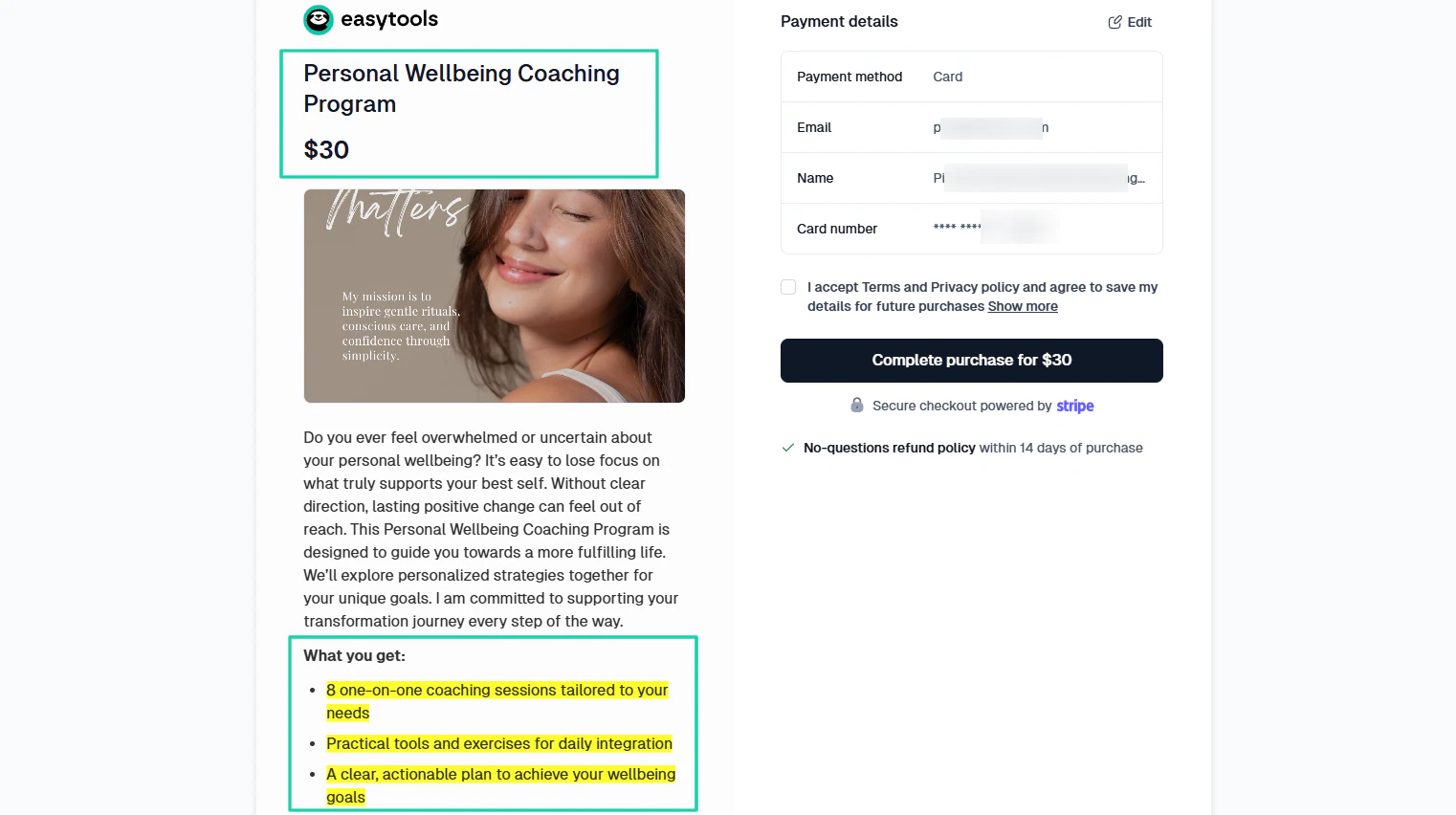 paiement d'un programme de coaching sur easytools
