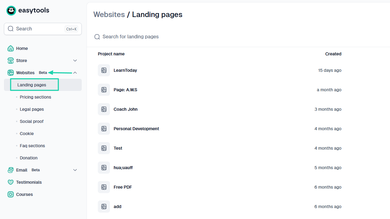 fonctionnalité websites sur easytools