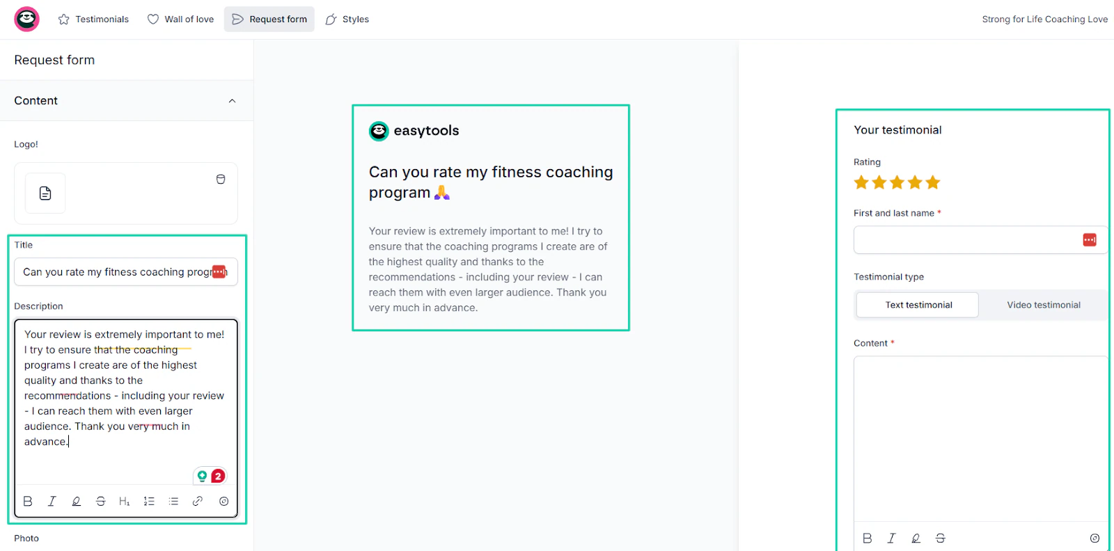 fenêtre d'édition easylove sur easytools