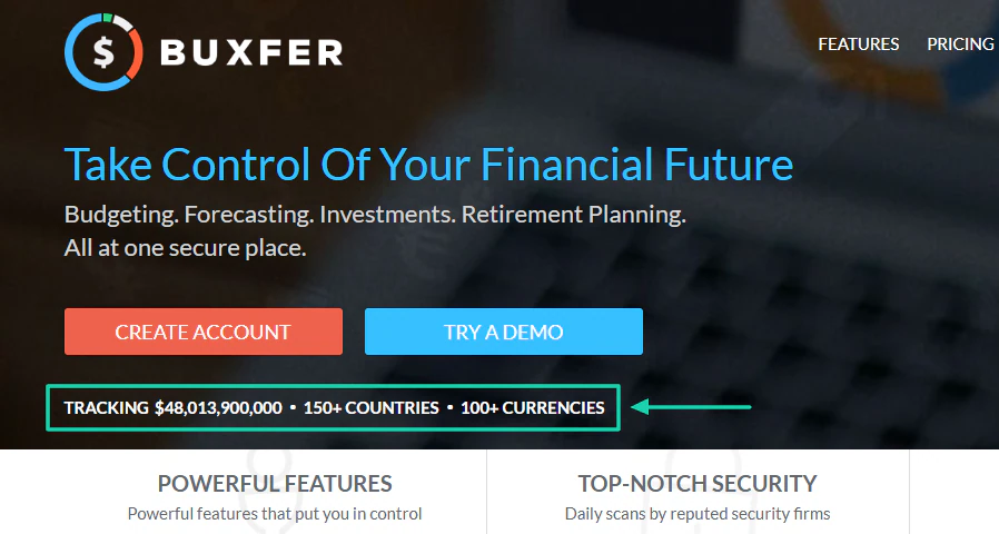 landing page de buxfer