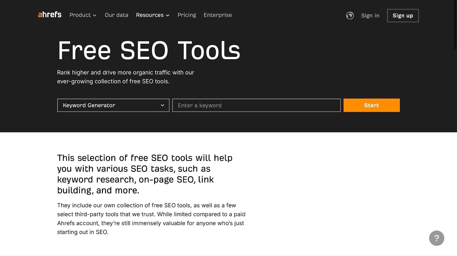 page des outils seo gratuits sur ahrefs
