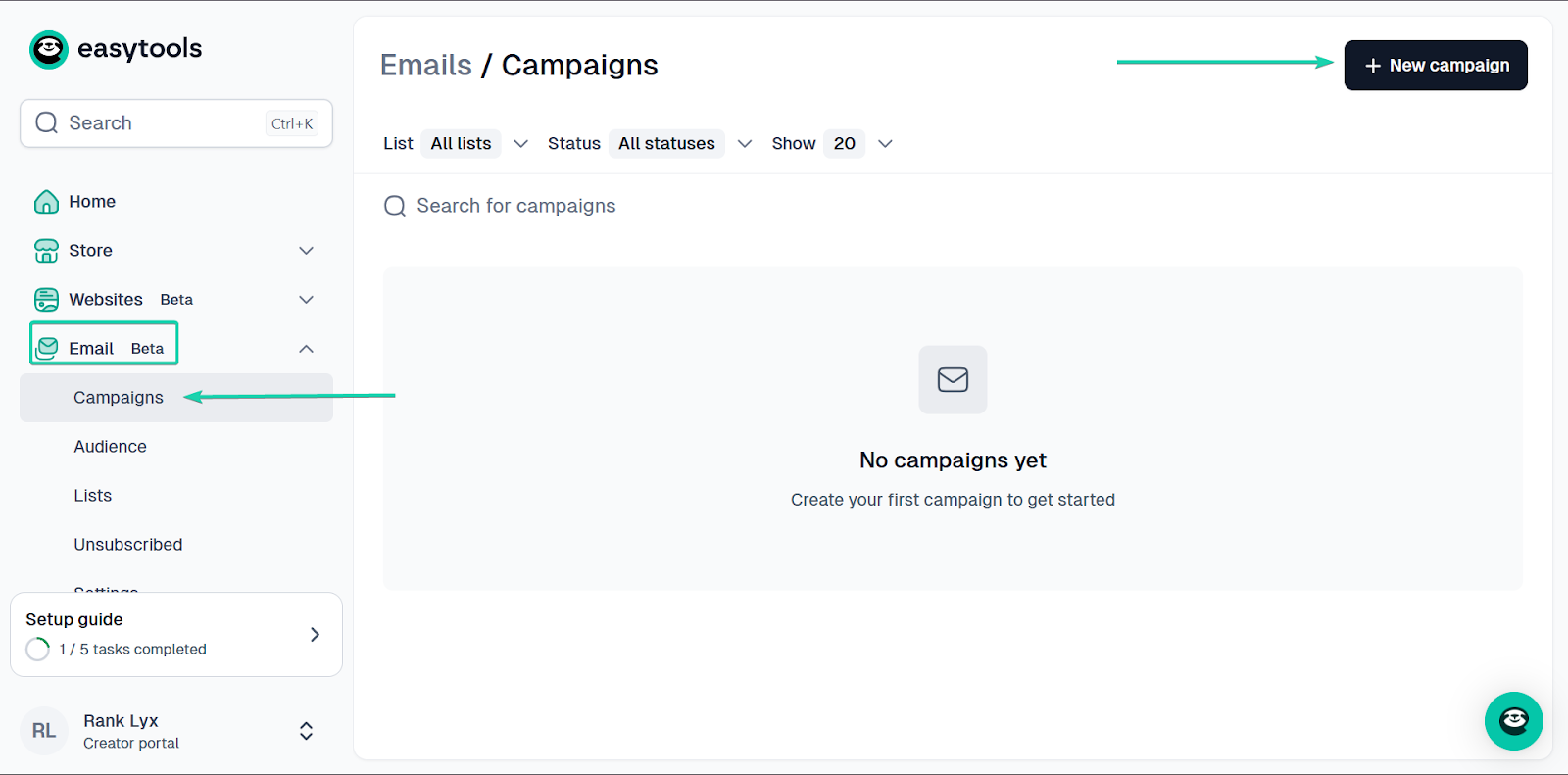 Easytools: la section email avec le menu "Email"