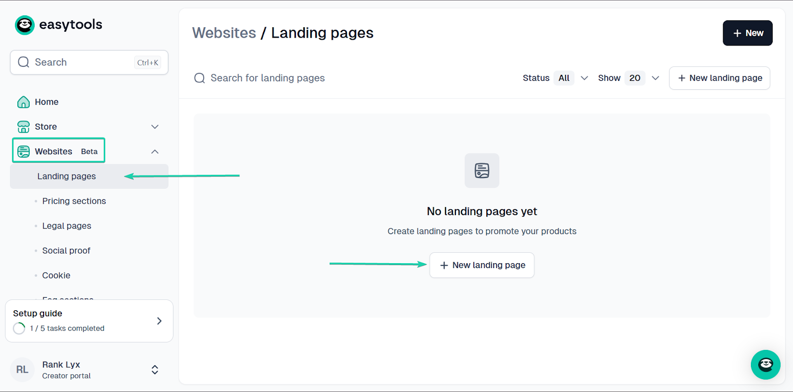 Easytools: la section websites avec le bouton "+ New landing page"