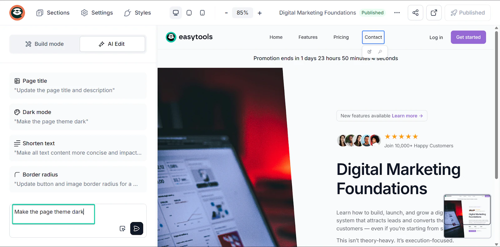 Easytools: la section websites avec le bouton "Publish"
