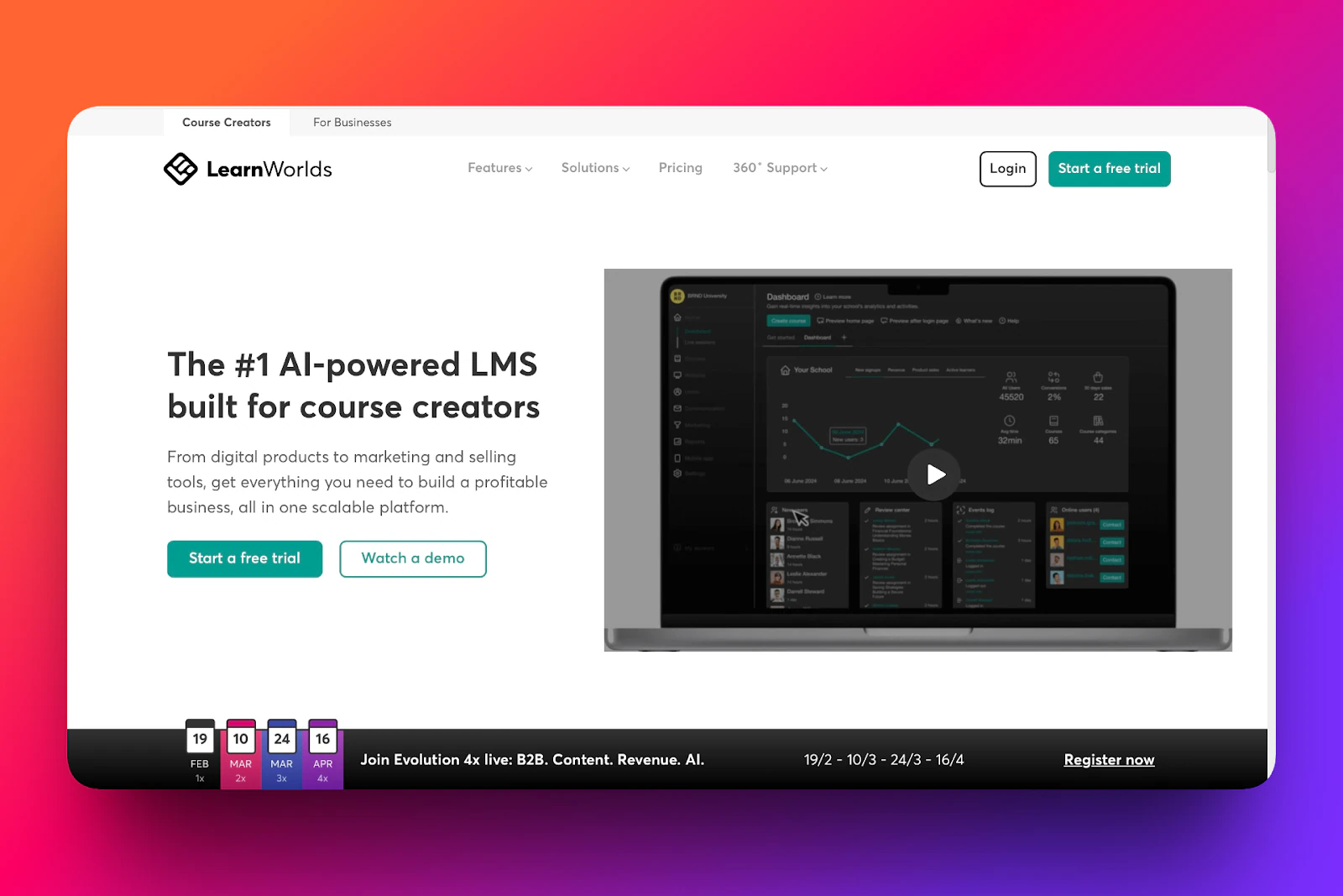 LearnWorlds - en tête des alternatives à podia