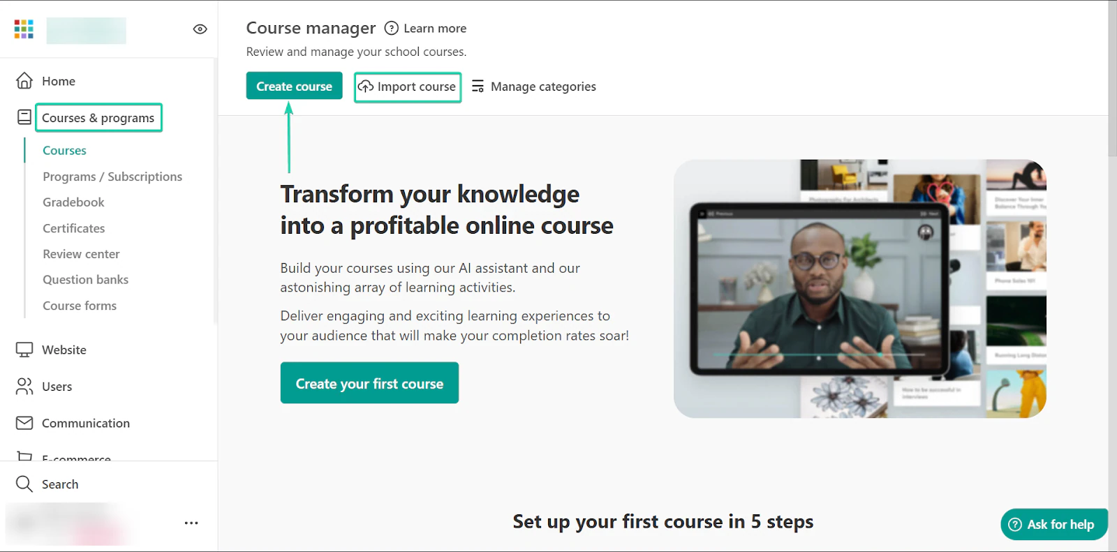 LearnWorlds: la section courses avec le menu "Courses & programs"