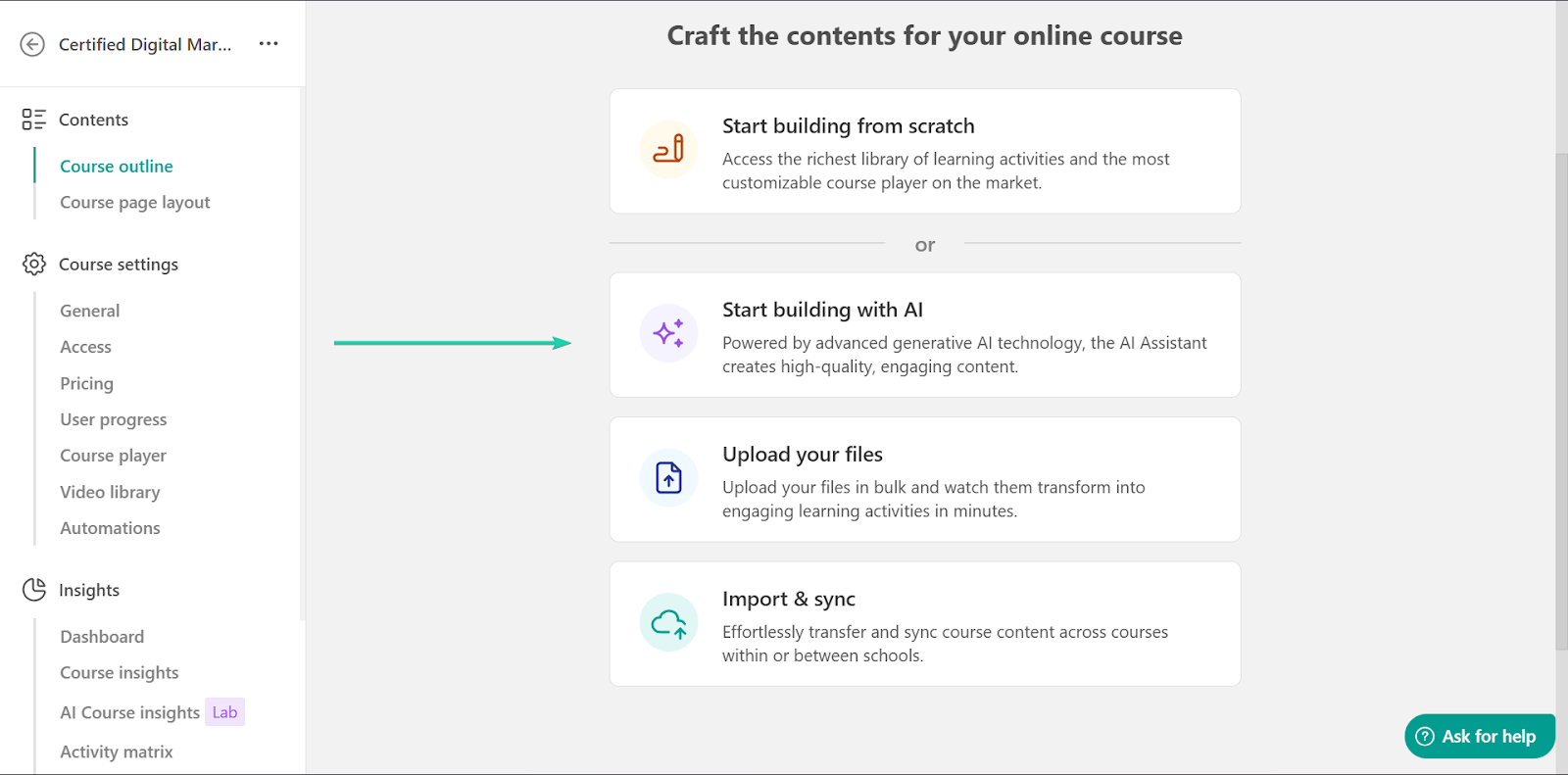 LearnWorlds: la section courses avec le bouton "Start building with AI"