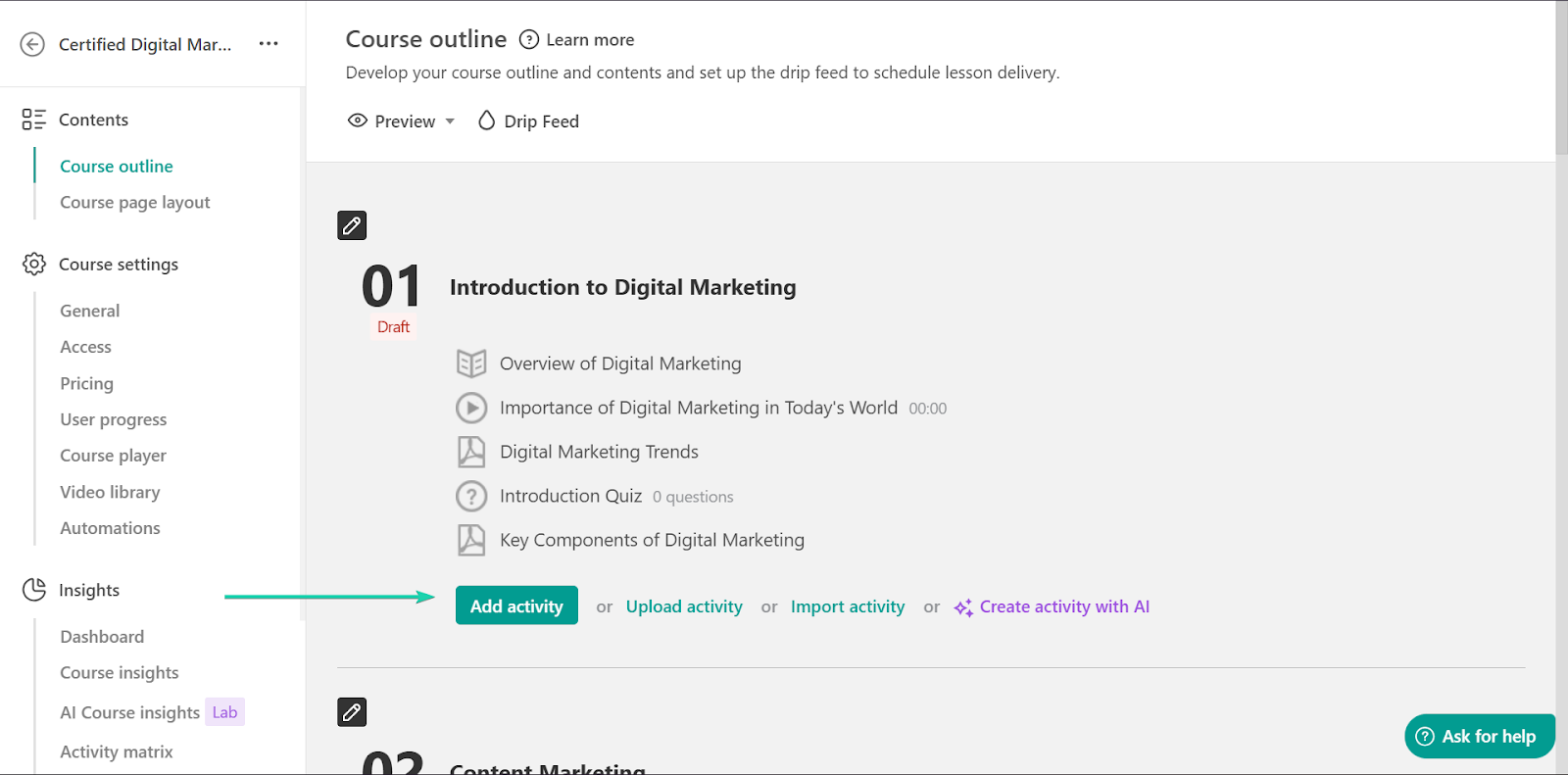 LearnWorlds: la section courses avec l'option "Drip Feed"