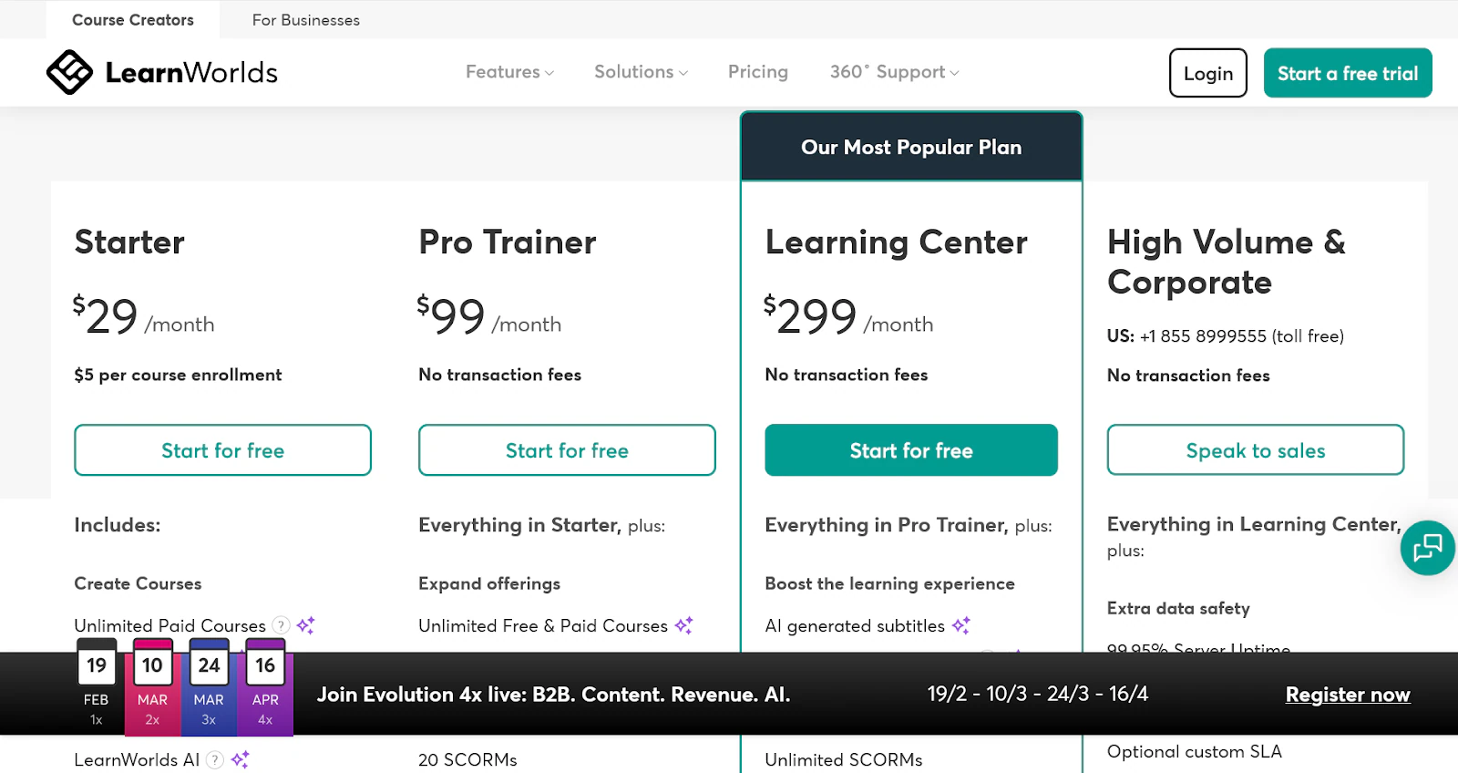 les offres tarifaires de LearnWorlds