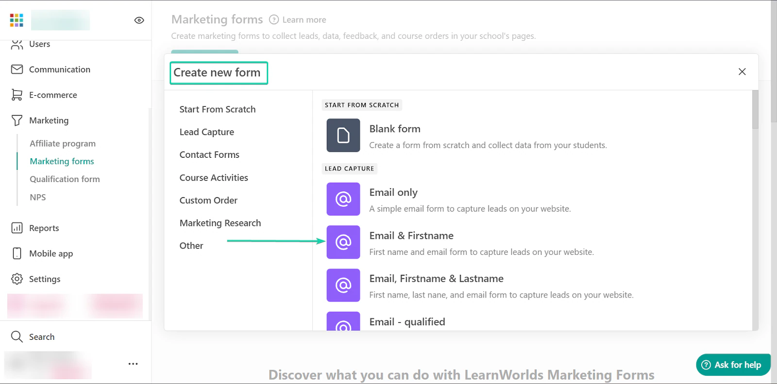 LearnWorlds: capture des formulaires marketing - créateur de site web