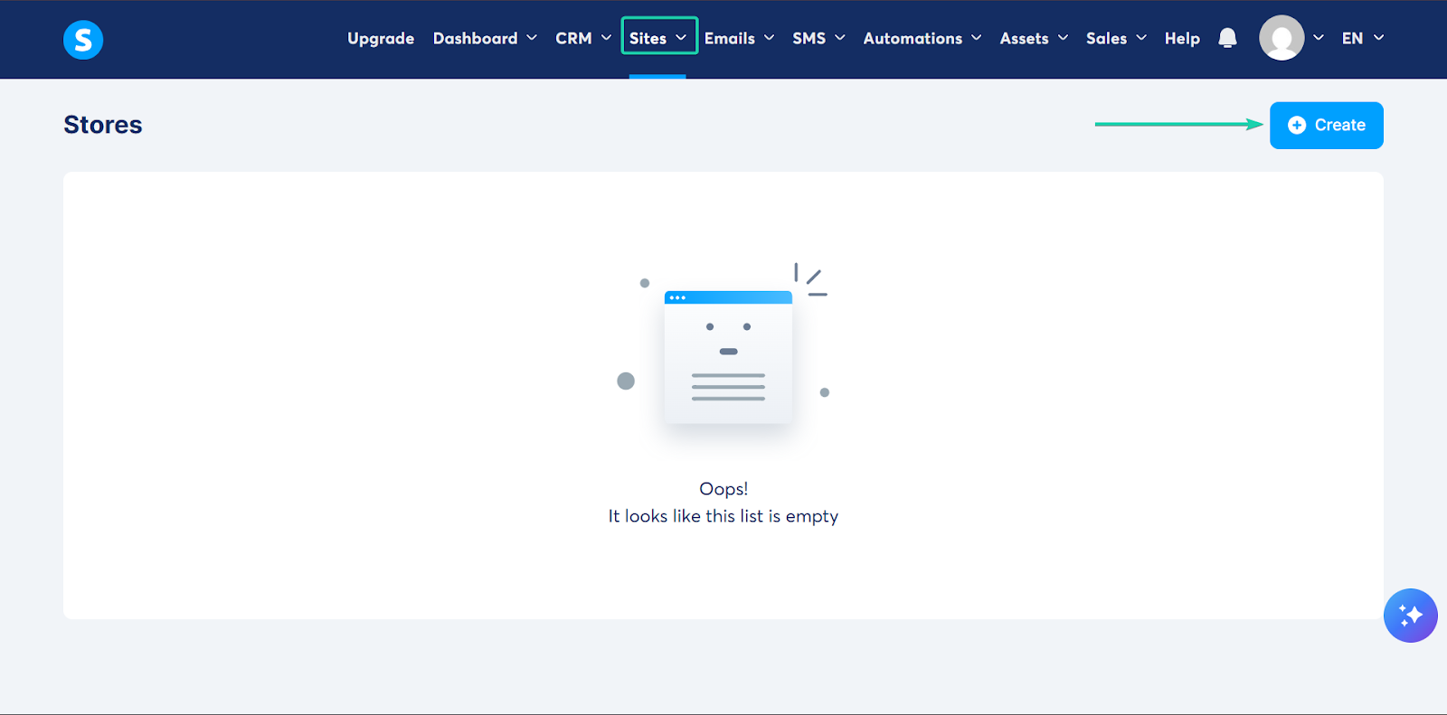 Systeme.io: la section stores avec le menu "Sites"