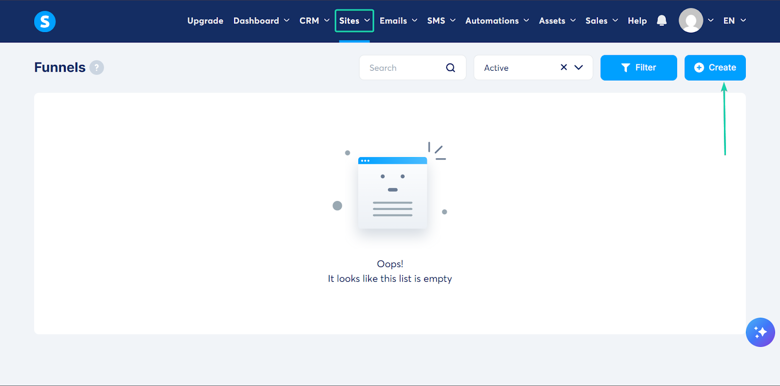 Systeme.io: la section funnels avec le menu "Sites"