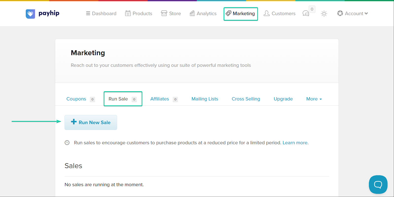 Payhip: la section run sale avec le menu "Marketing"