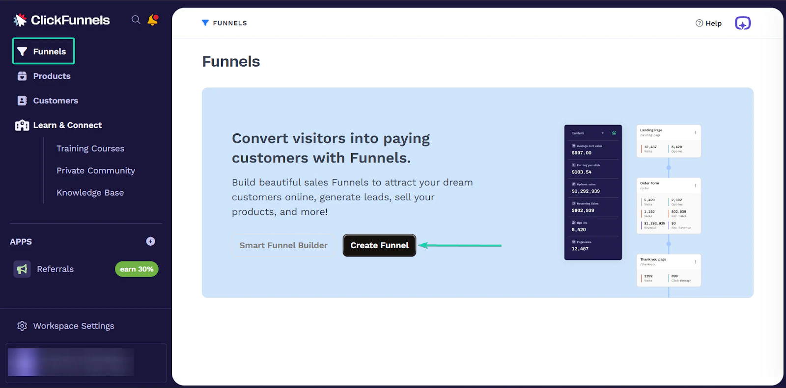 Produit: la section funnels avec le menu "Funnels"