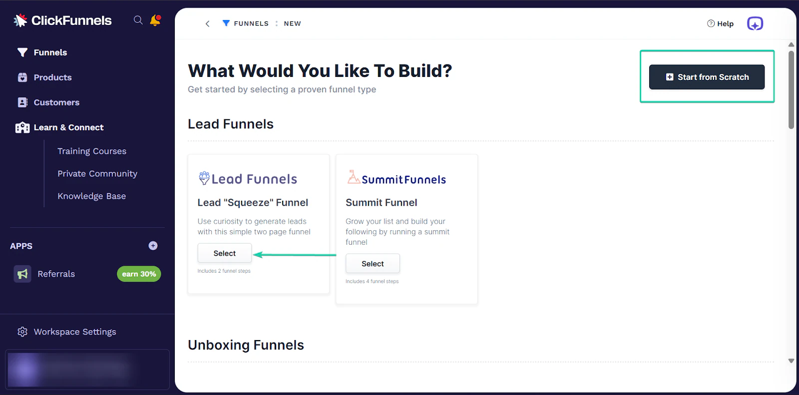 Produit: la section funnels avec l'option "squeeze" - créateur de site web
