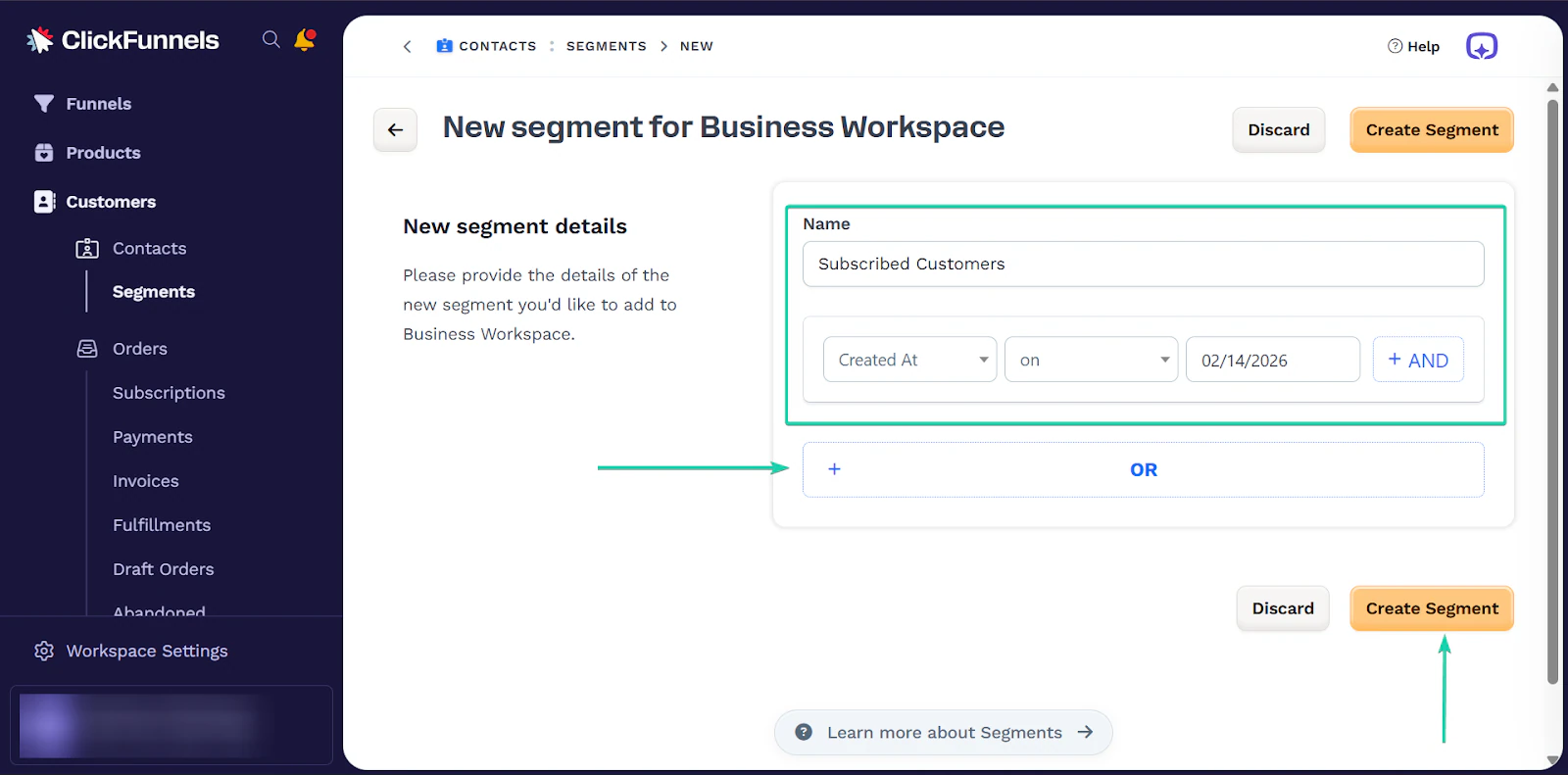 Produit: la section segments avec le bouton "Create Segment"