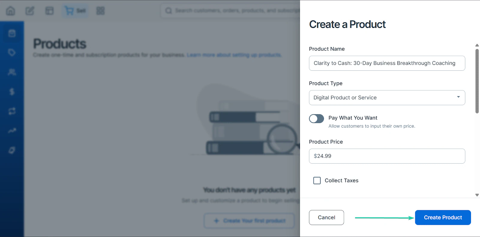 SamCart: la section products avec le bouton "Create Product" - vitrine