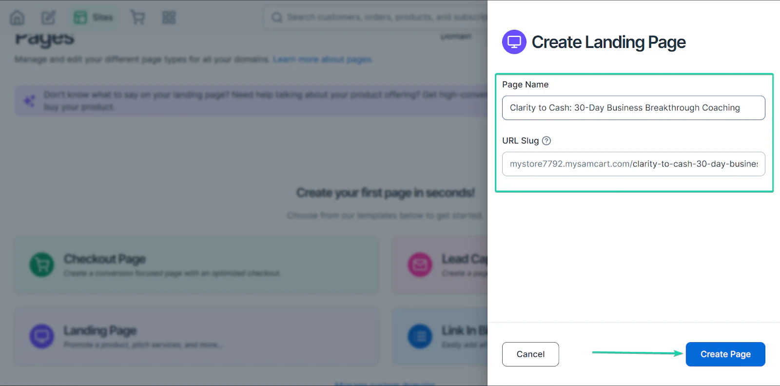 SamCart: la section pages avec le bouton "Create Page" - créateur de site web