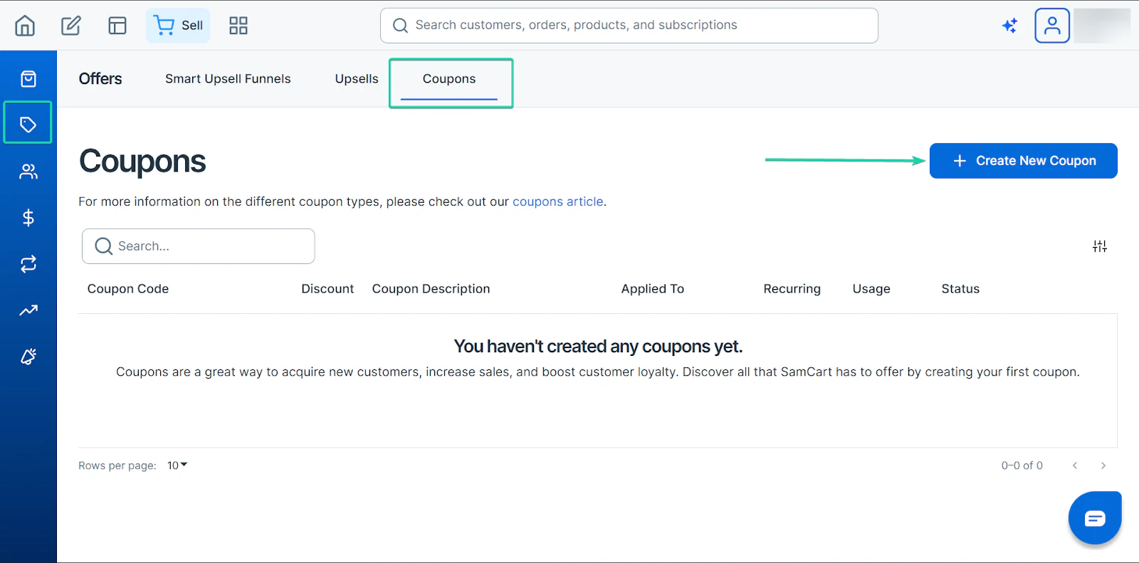 SamCart: la section coupons avec le menu "Offers"