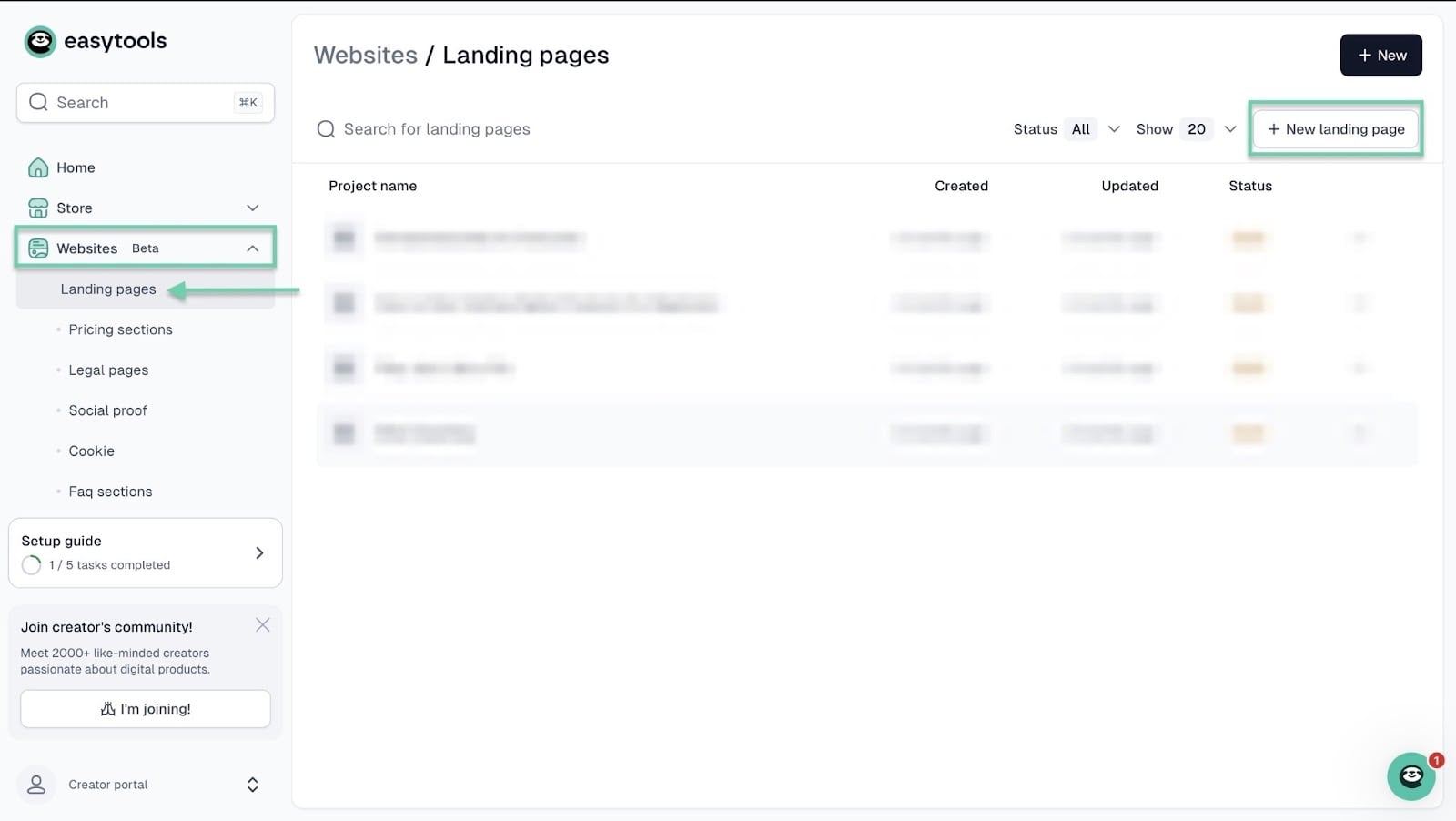 How to create a membership site: pro tip showing “Landing pages” — website builder