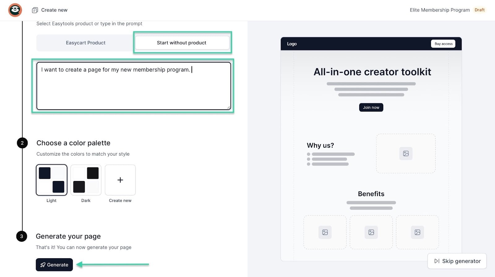How to create a membership site: pro tip showing “Generate” — website builder