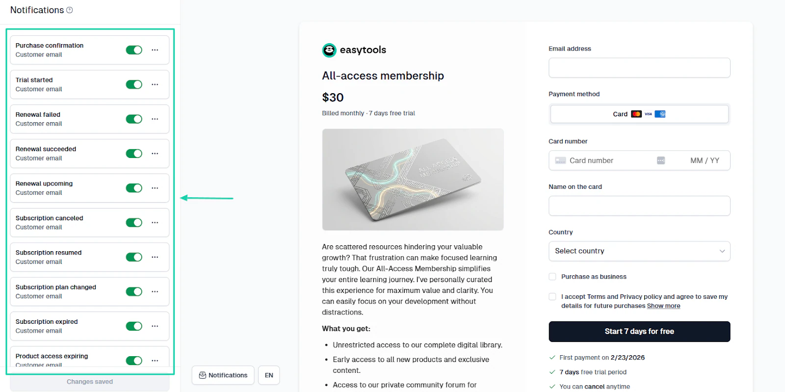 list of automated notifications on easycart