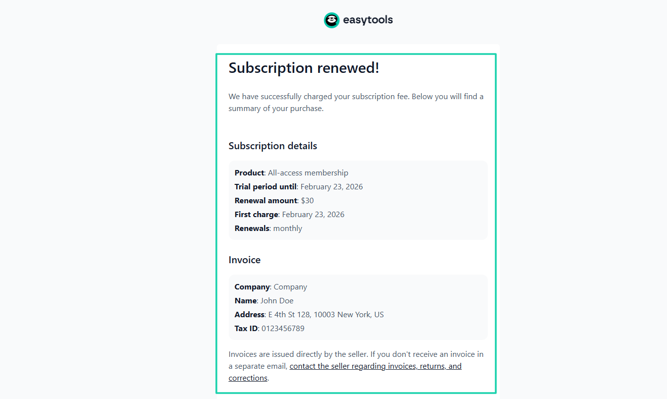 sample notification upon membership purchase