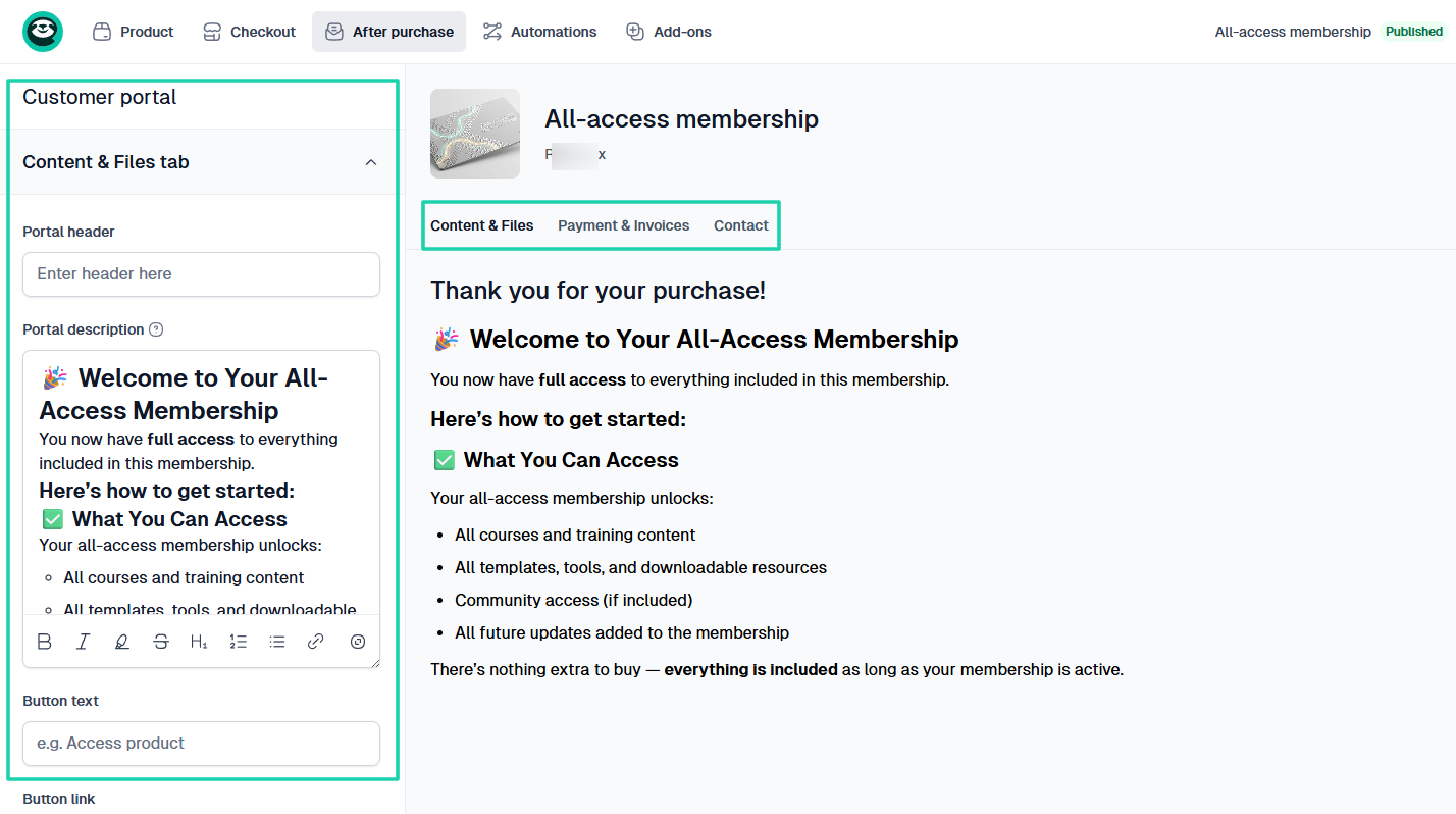 product and message on customer portal