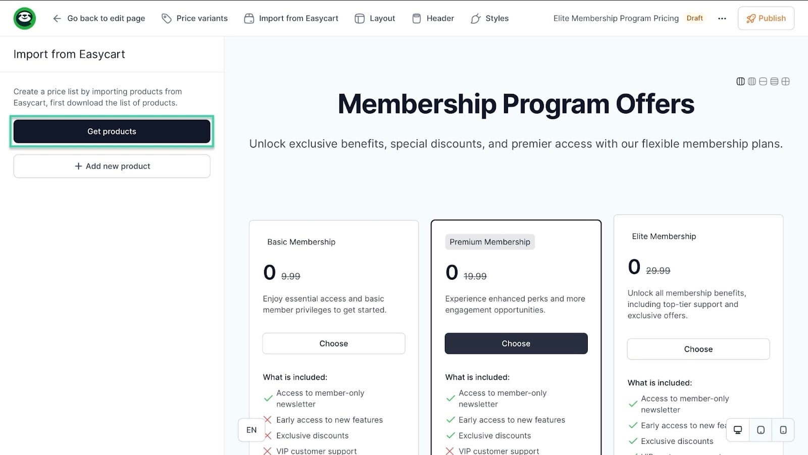 How to create a membership site: pro tip showing “Get products” — checkout