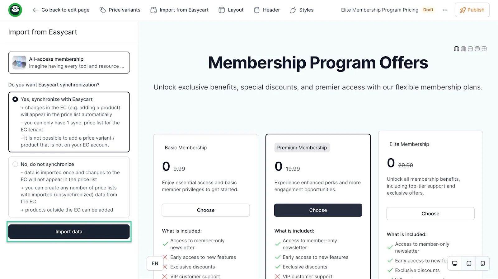 How to create a membership site: pro tip showing “Import data” — checkout — website builder