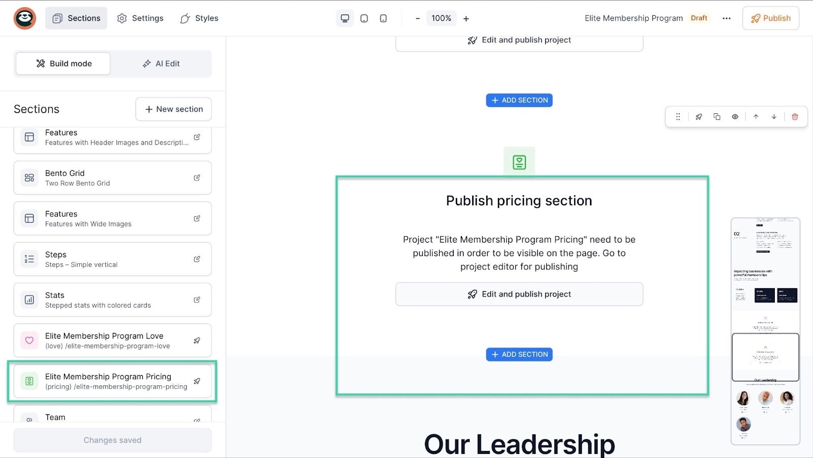 edit and publish to create membership site