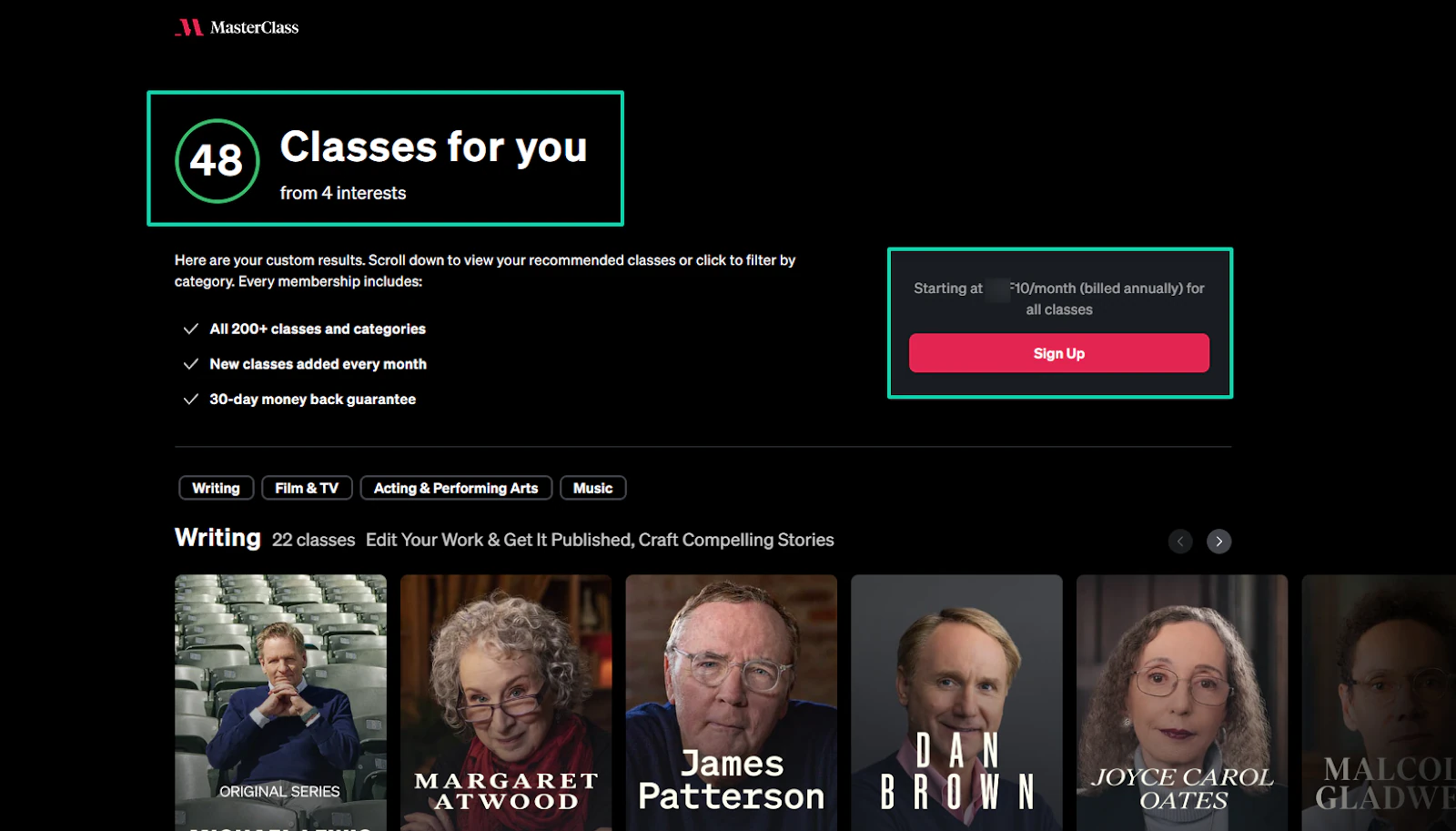 class recommendation and signup