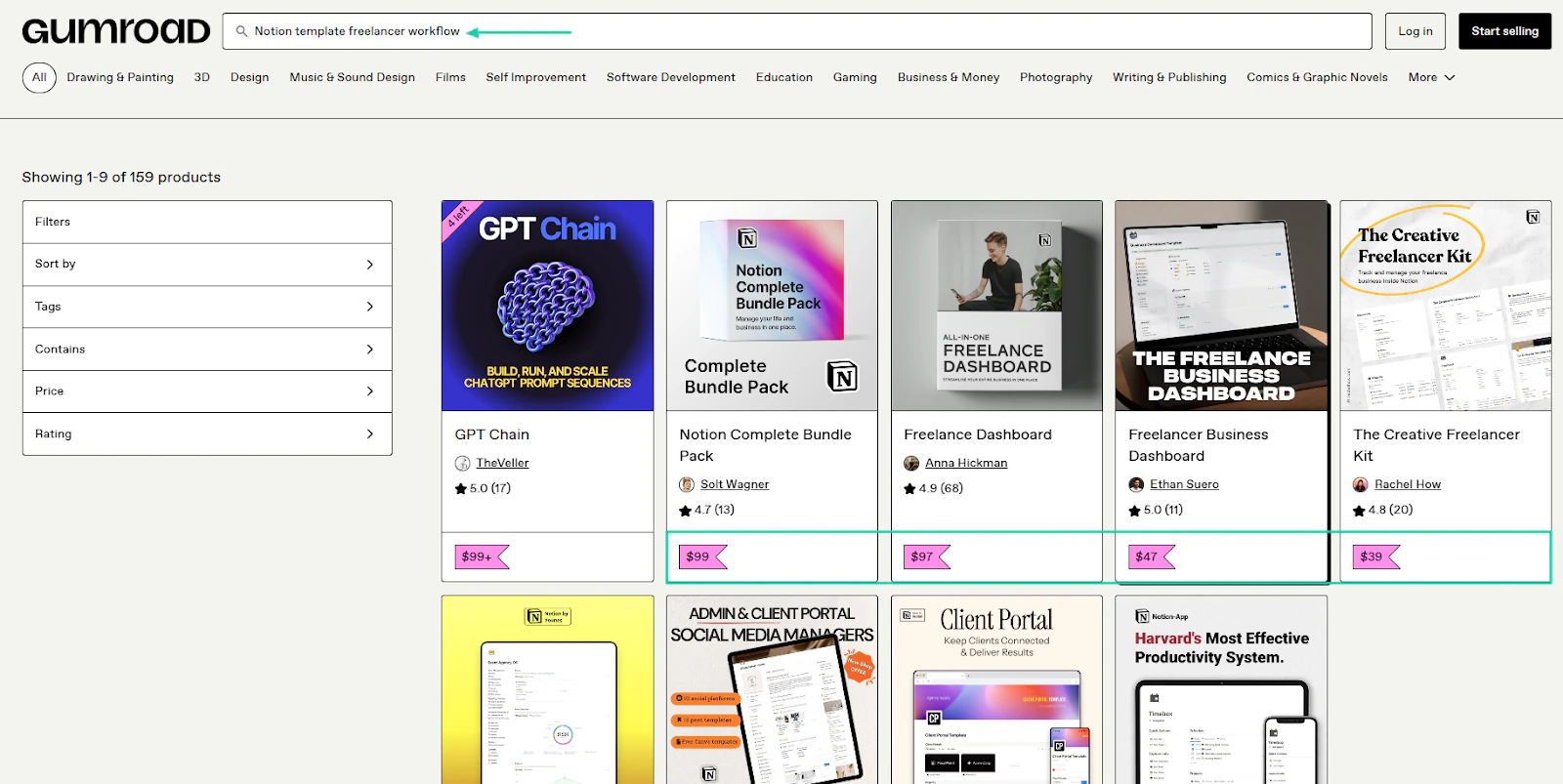 The search results for “Notion template freelancer workflow" shows many sellers offer it at prices ranging from $39 to $99.