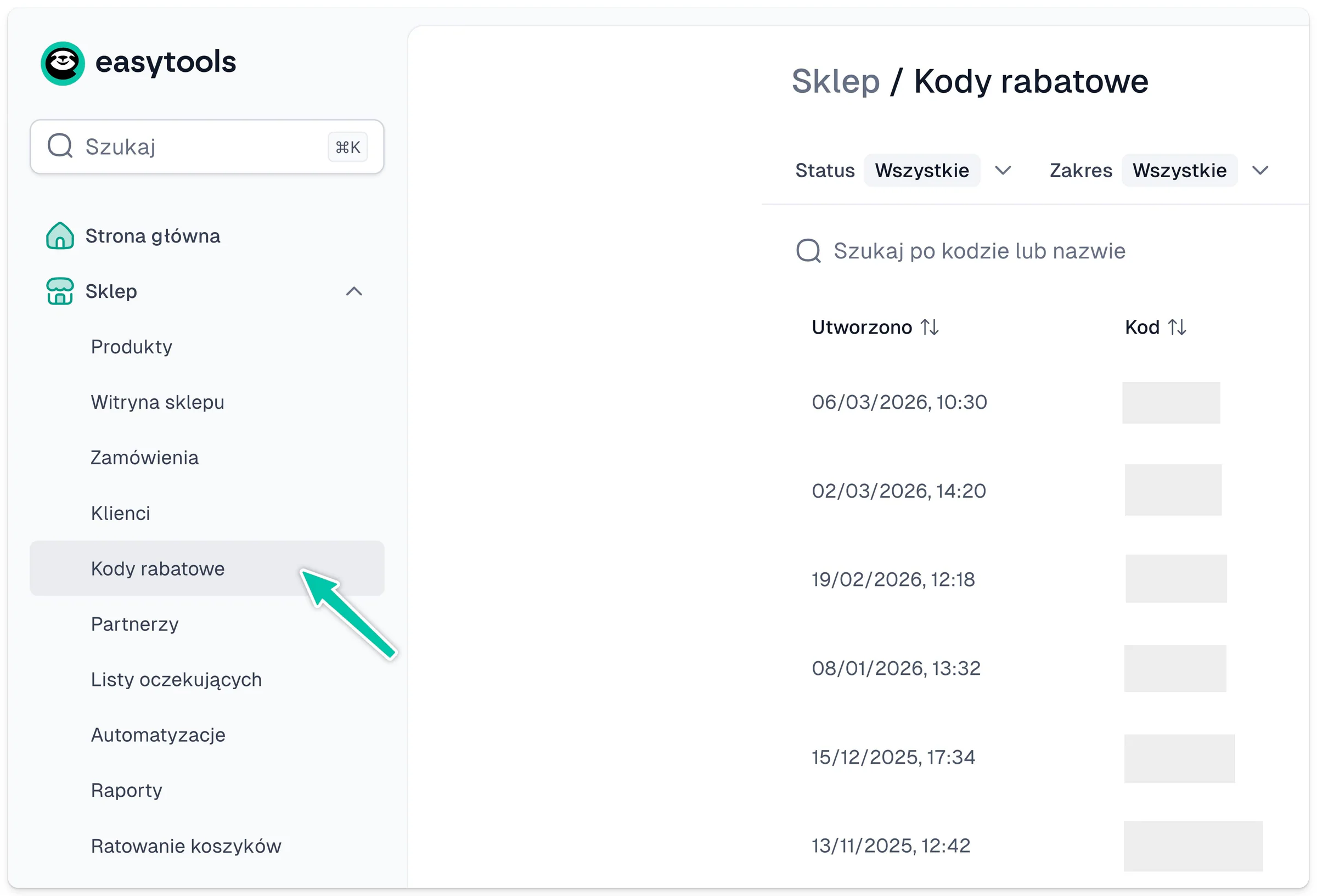 Kody rabatowe - dedykowany panel