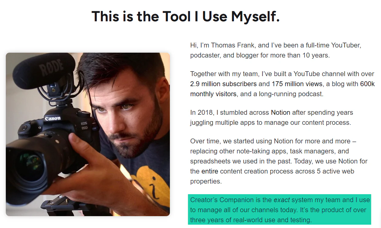Before Thomas Frank could sell his Creator’s Companion, he used it with his team to manage their channels.