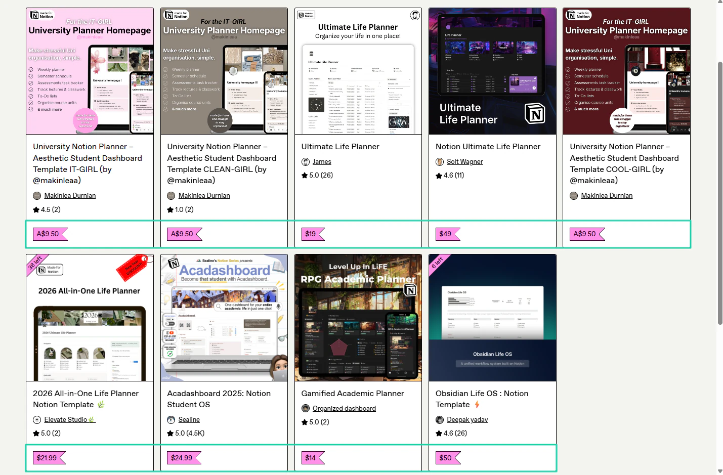 The lowest price of a student planner is $9.50, and the highest is $60.