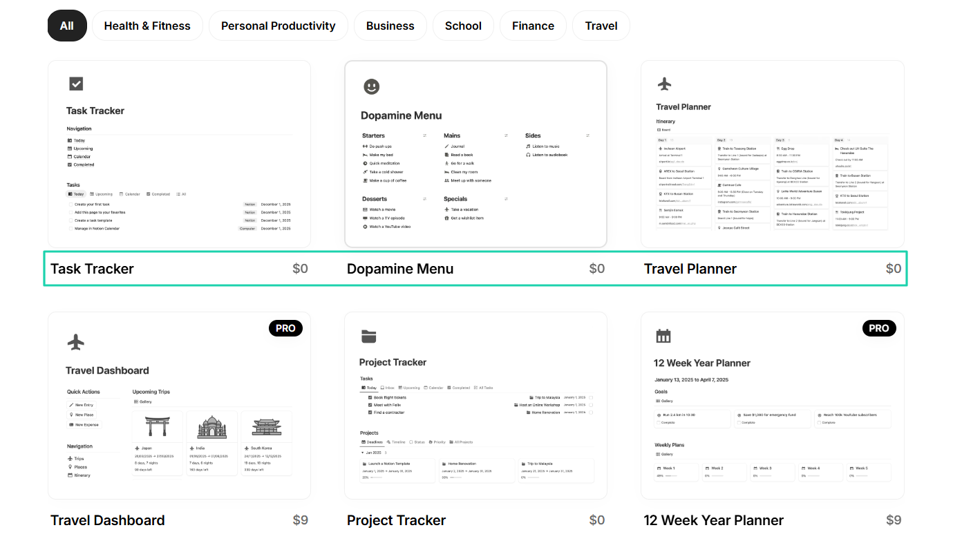 How to sell Notion templates online: template b: screenshot — website builder