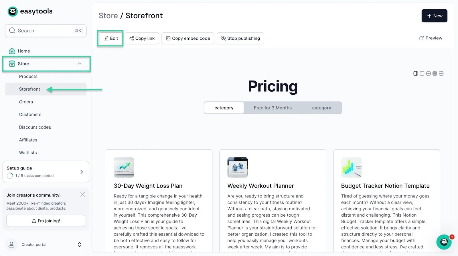 How to sell Notion templates online: template b: showing “Store” — storefront