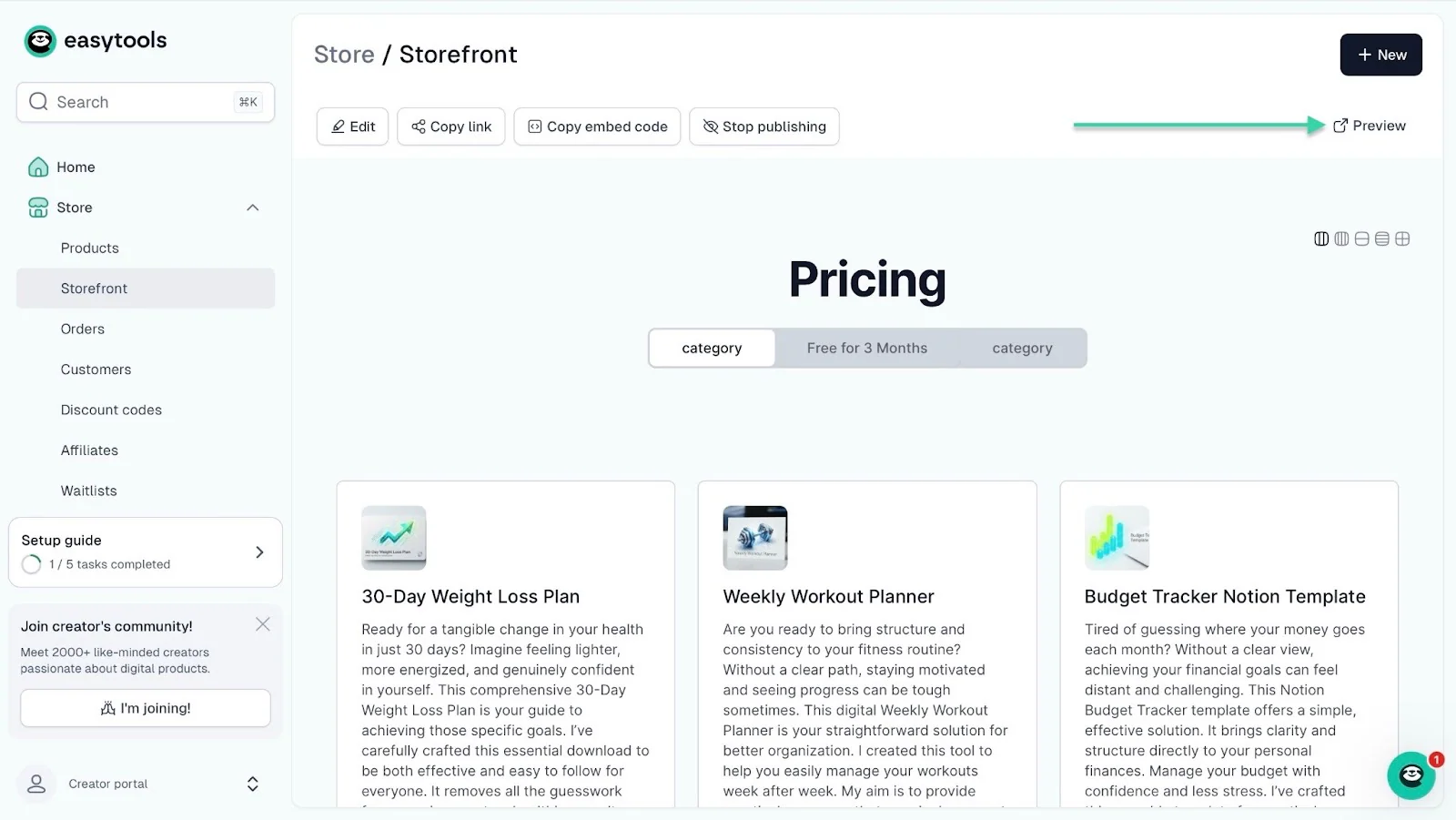 How to sell Notion templates online: template b: showing “Preview” — storefront
