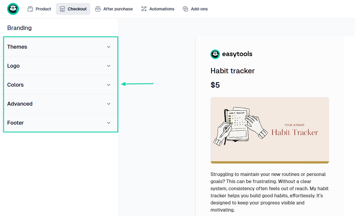 Step 4: You can adjust the theme, colors, enter footer text, and add your logo.
