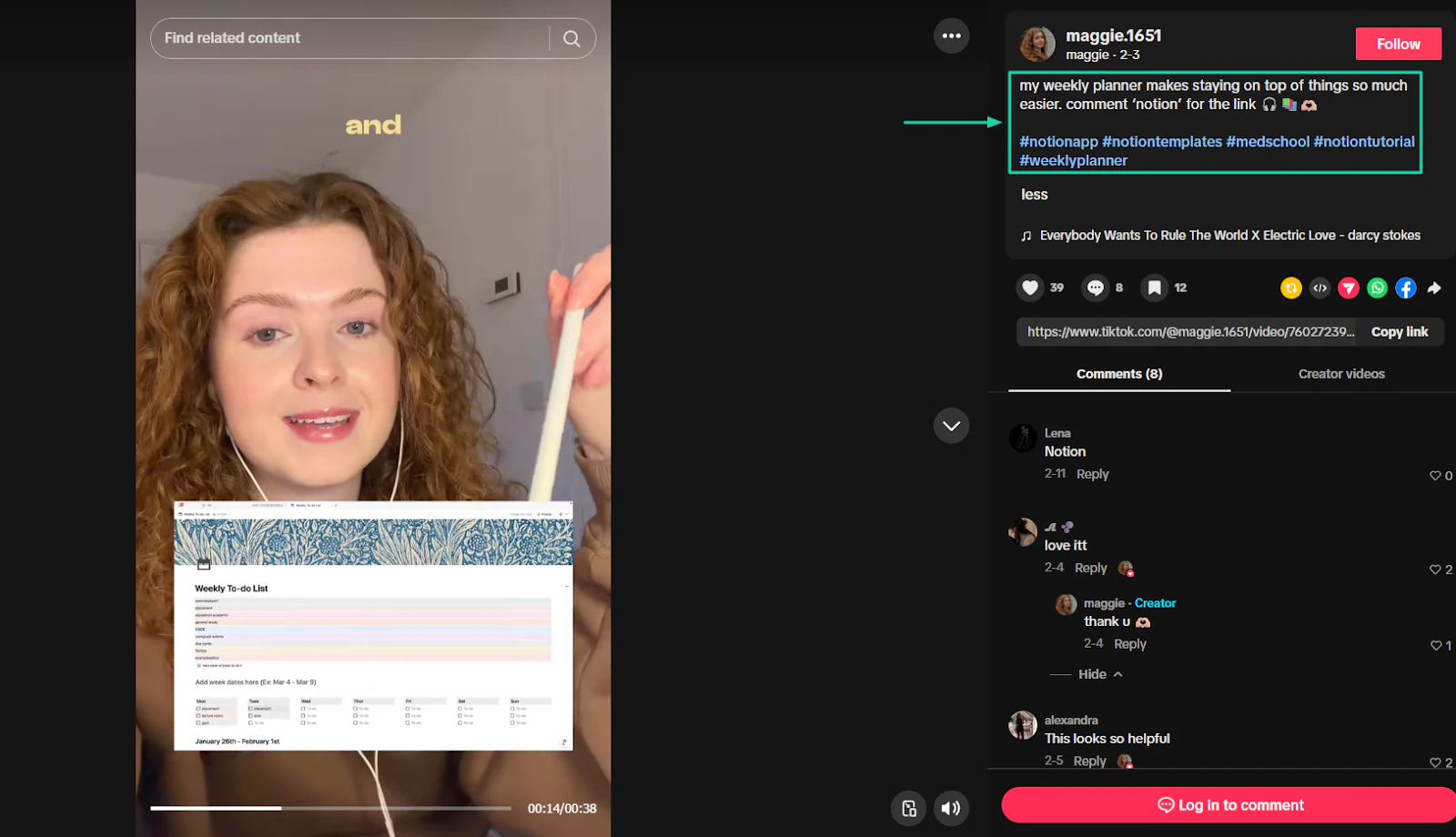 She promotes her weekly planner by asking people to comment, then sends them the link.