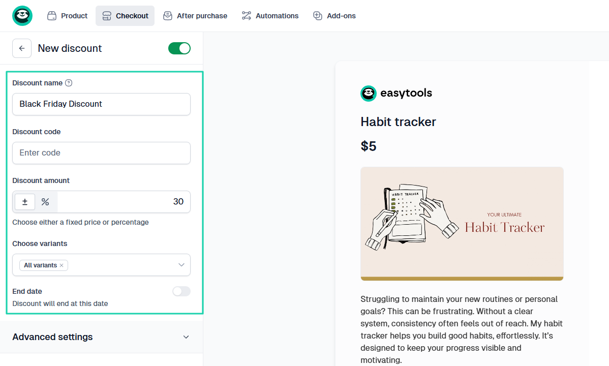 On Easytools, you can enter a discount name or code, set a discount amount, and specify the end date.