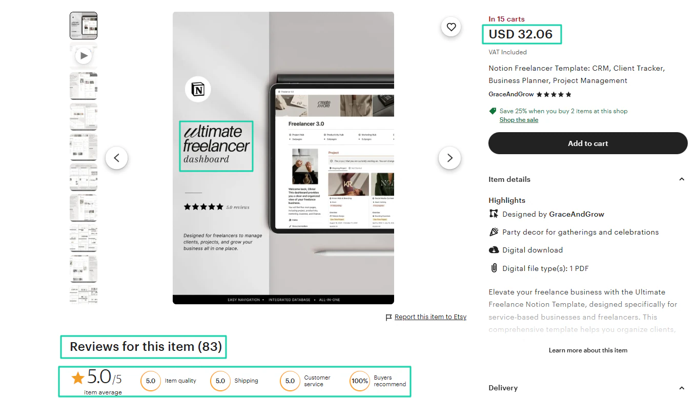 Another example is this “Ultimate freelancer dashboard,” built by GraceandGrow, which sells for $32.06 and has over…