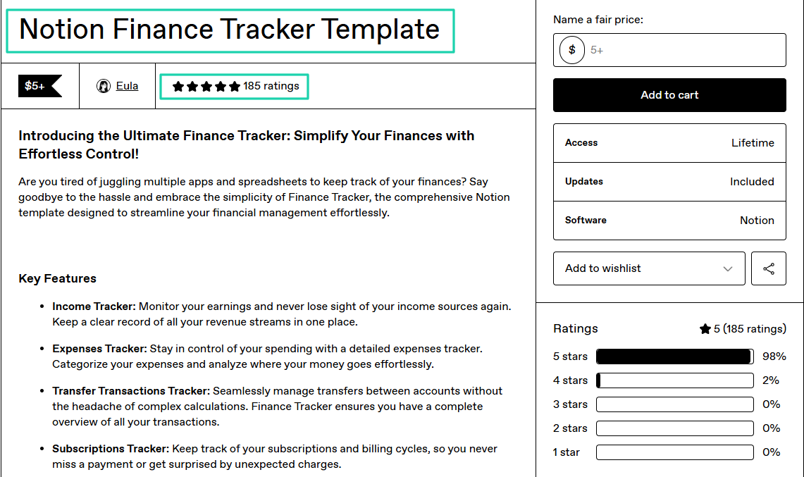 Notion Finance Tracker Template” from Eula has around 185 ratings, with 5 stars at 98%.