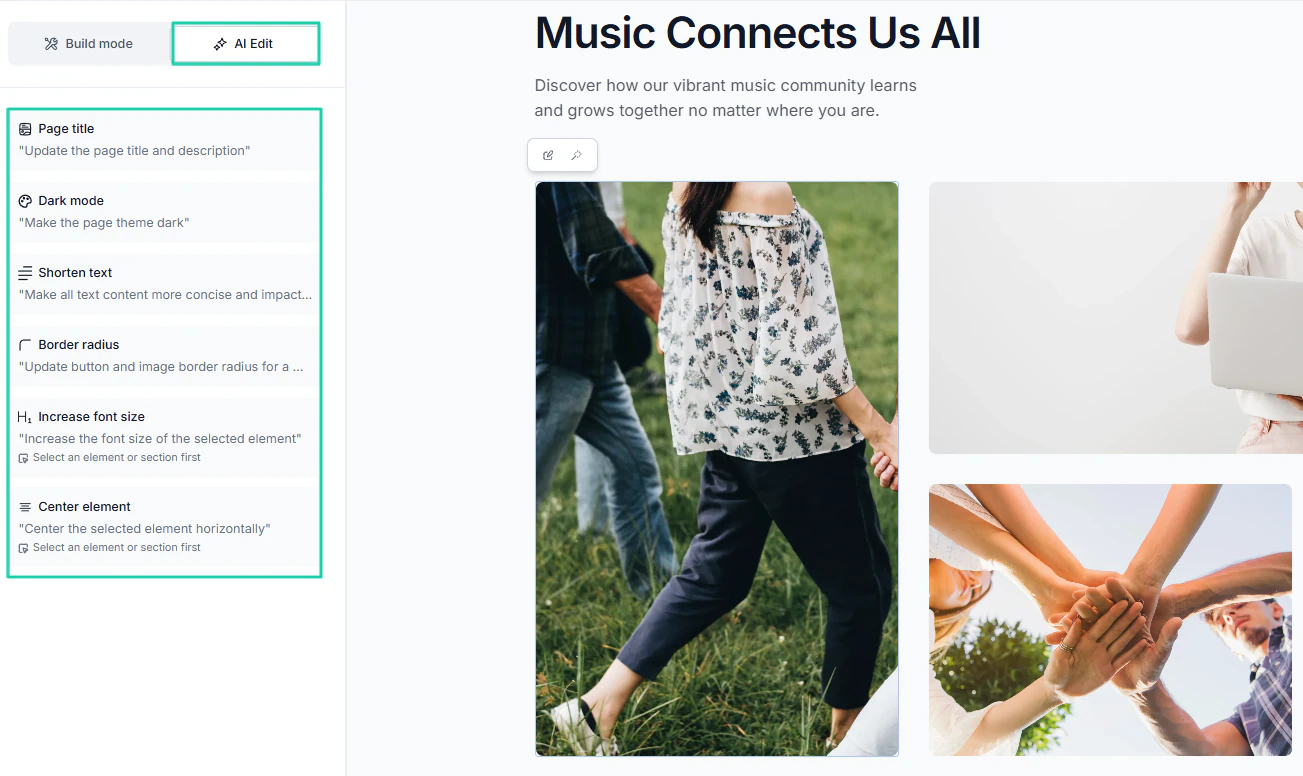 In case you’re more comfortable with AI, you can use it to edit everything: the page title, theme, text, size, and…