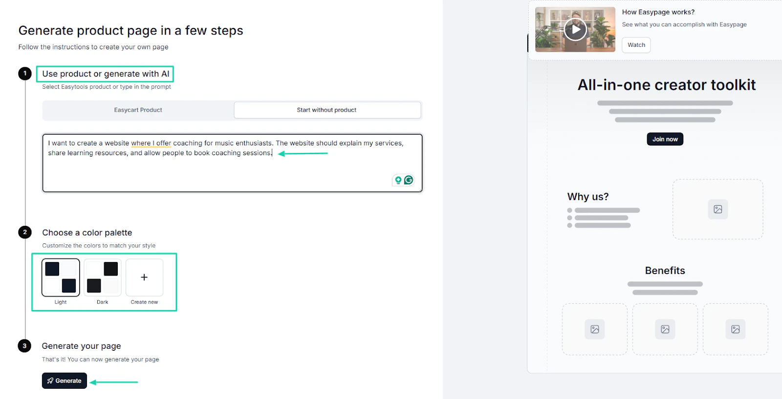 Easytools AI Website Builder: websites showing “Generate” — branding settings