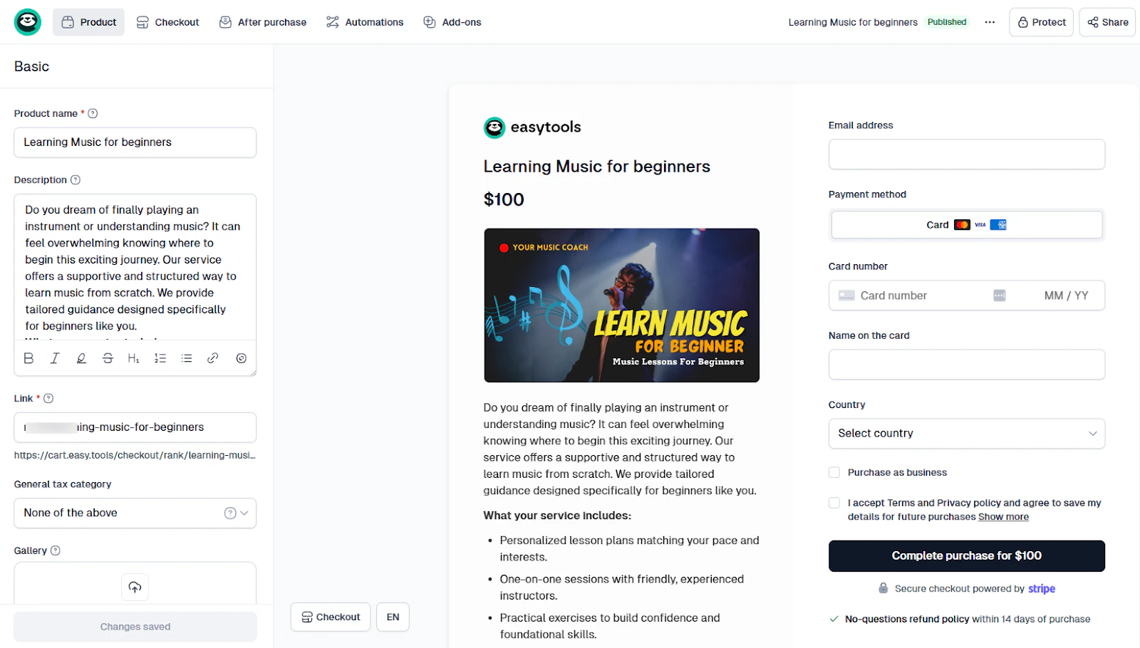 Easytools AI Website Builder: checkout screenshot