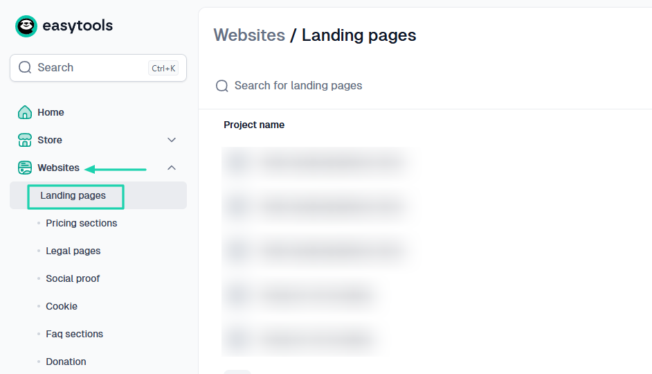 Easytools AI Website Builder: websites showing “Websites”